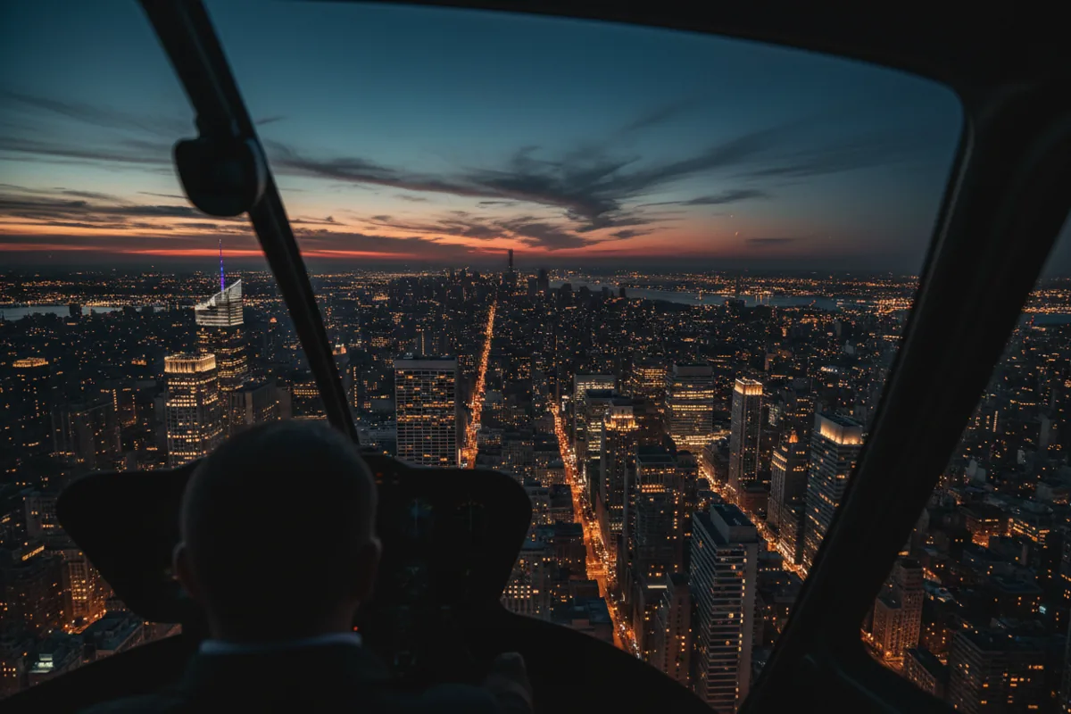 An aerial view of Manhattan's glowing city grid at dusk from a helicopter cockpit.