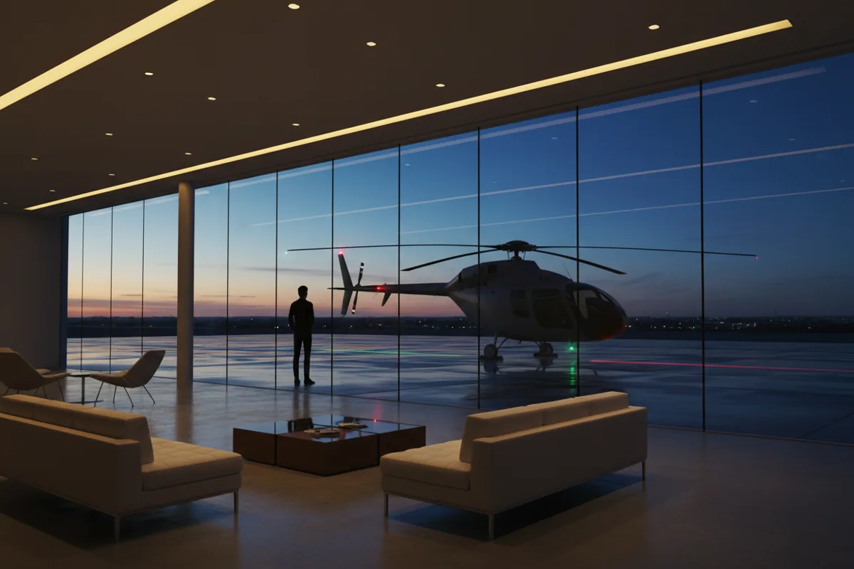 A modern heliport lounge at dusk with a helicopter visible on the tarmac outside.