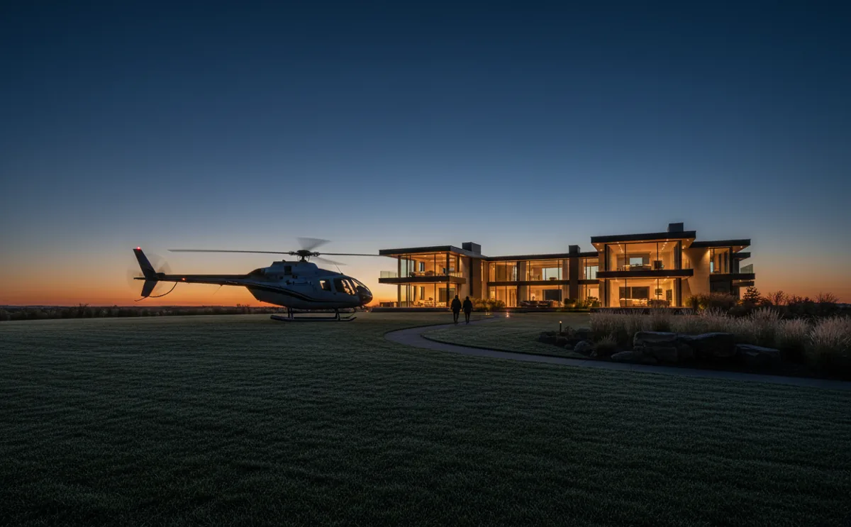 A helicopter landed in a field next to a modern home in the Hamptons at twilight.