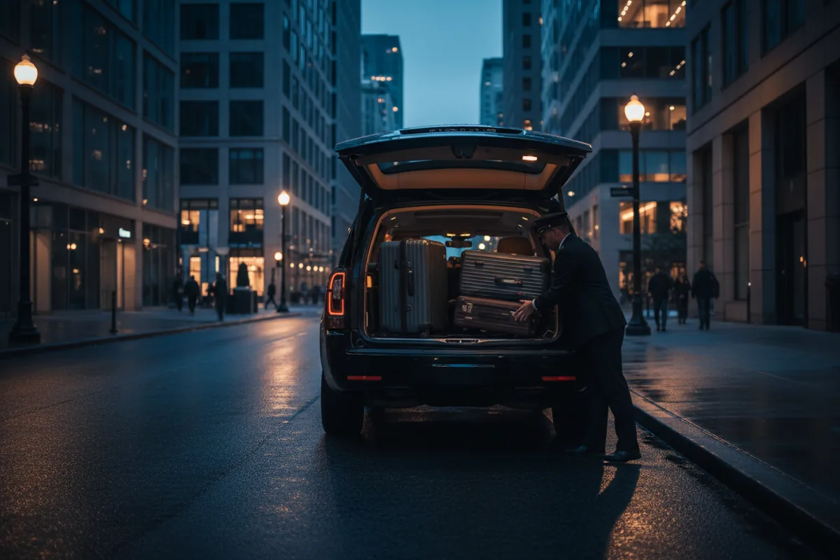 A uniformed attendant loads hard-shell suitcases into the trunk of a luxury SUV on a city street at dusk.
