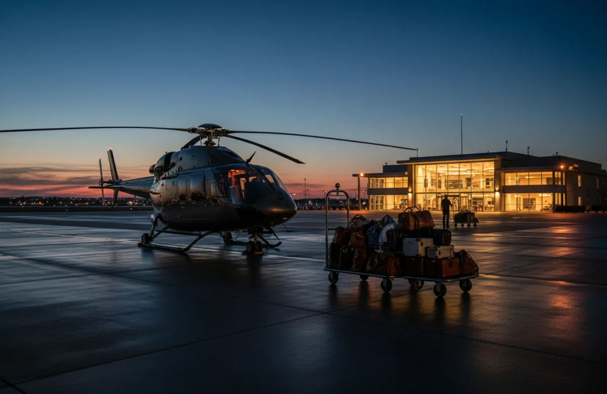 A twin-engine helicopter on an airfield at dusk, with a luggage cart full of bags nearby.