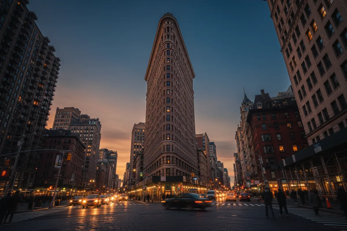 The Flatiron Building in New York City at twilight, with glowing lights against a dark blue sky.