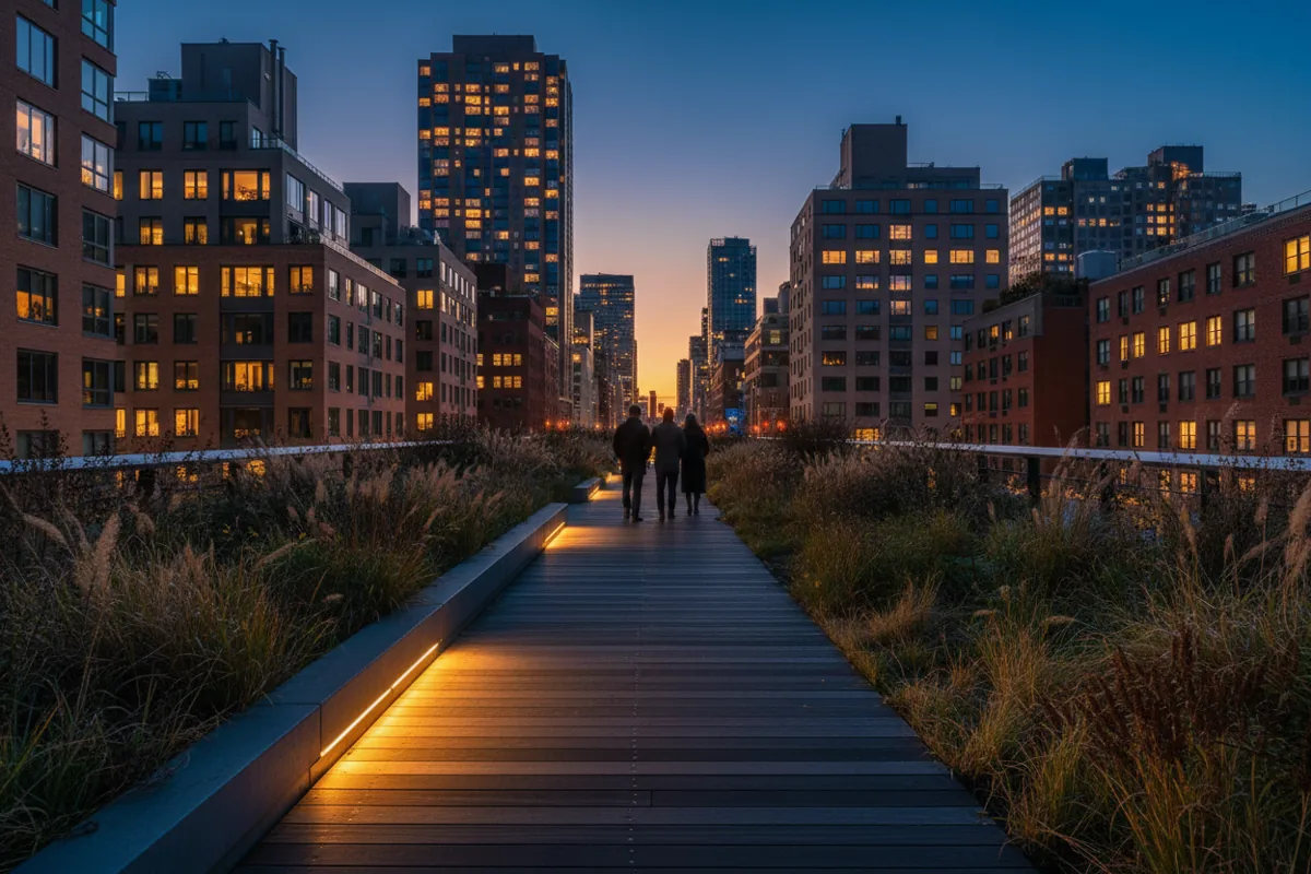The illuminated walkway of the High Line park at dusk, surrounded by buildings in New York City.