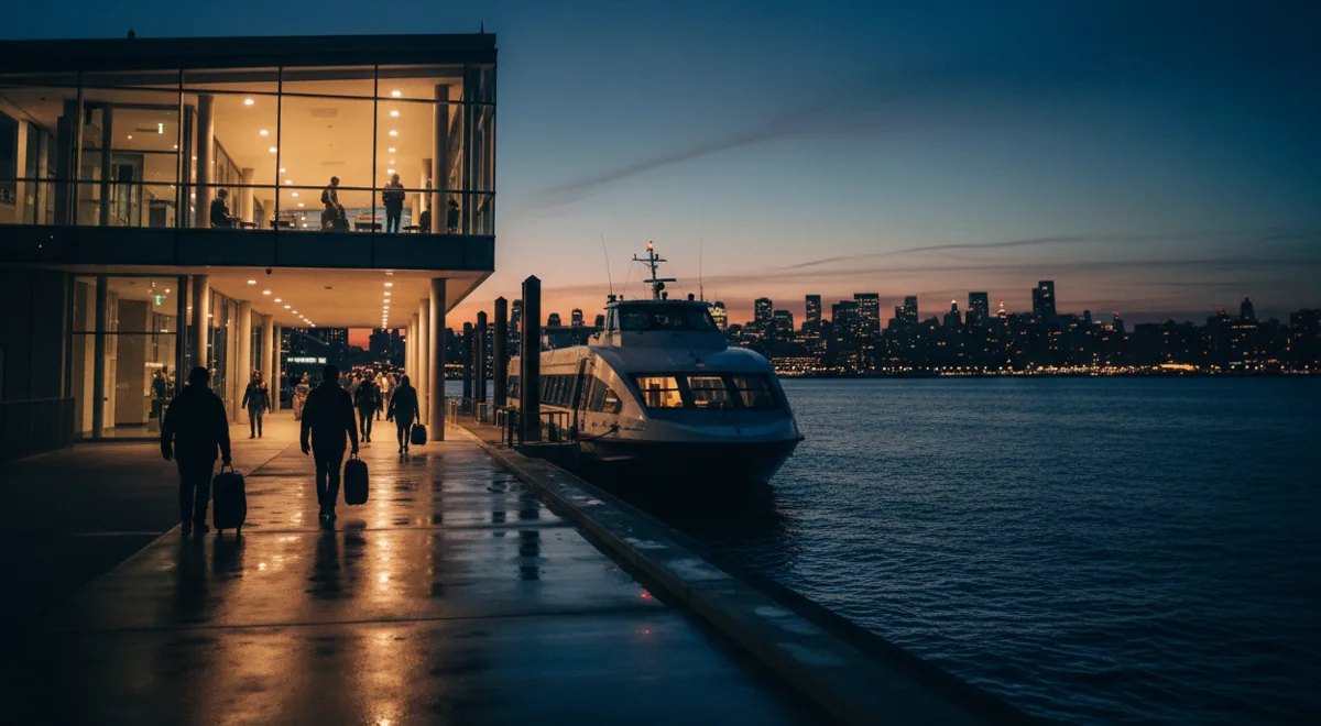 A modern, glowing ferry terminal at dusk with a docked ferry and city lights in the background.