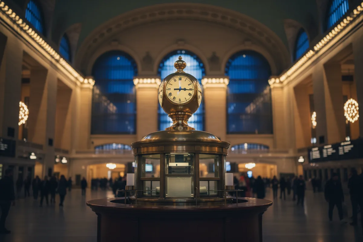 The four-faced opal clock above the Grand Central Terminal information booth.