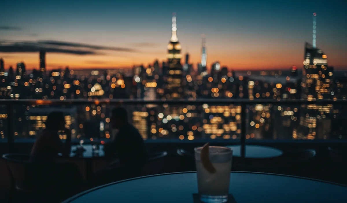 A blurry cocktail glass on a table with the glowing Midtown Manhattan skyline in the background at night.