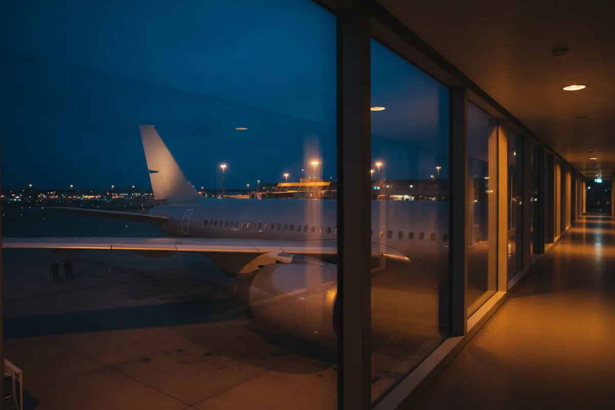 The wing of an airplane seen from an empty jet bridge window at twilight.