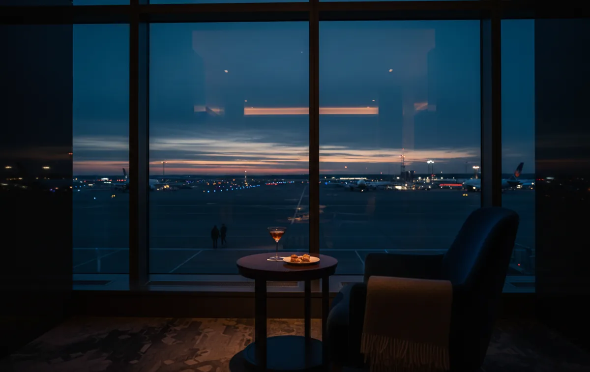 A drink and snacks on a table in a quiet airport lounge overlooking the tarmac at dusk.