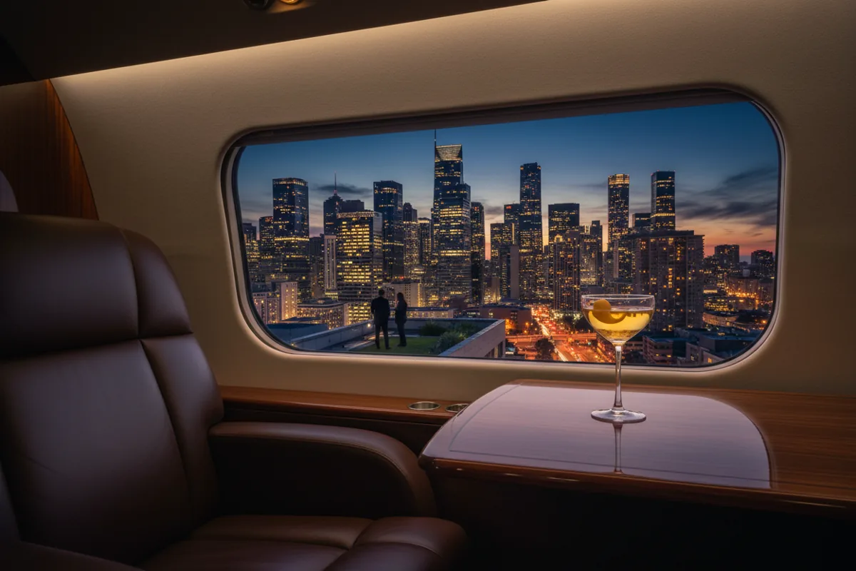 The view of a city skyline at dusk from the window of a luxurious private jet cabin.