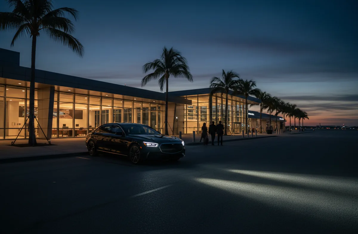 A luxury sedan waiting outside a private airport terminal with palm trees at twilight.