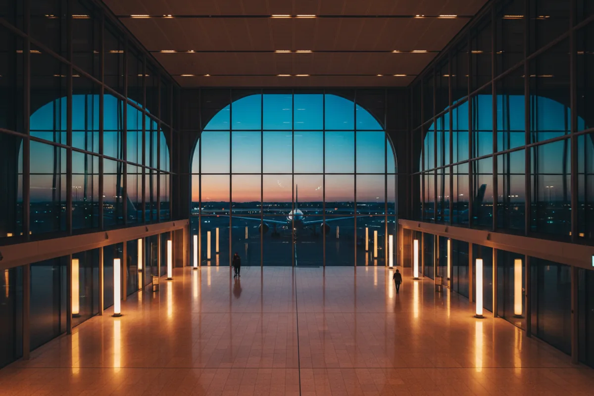 A modern, spacious airport terminal with large windows overlooking the tarmac at dusk.
