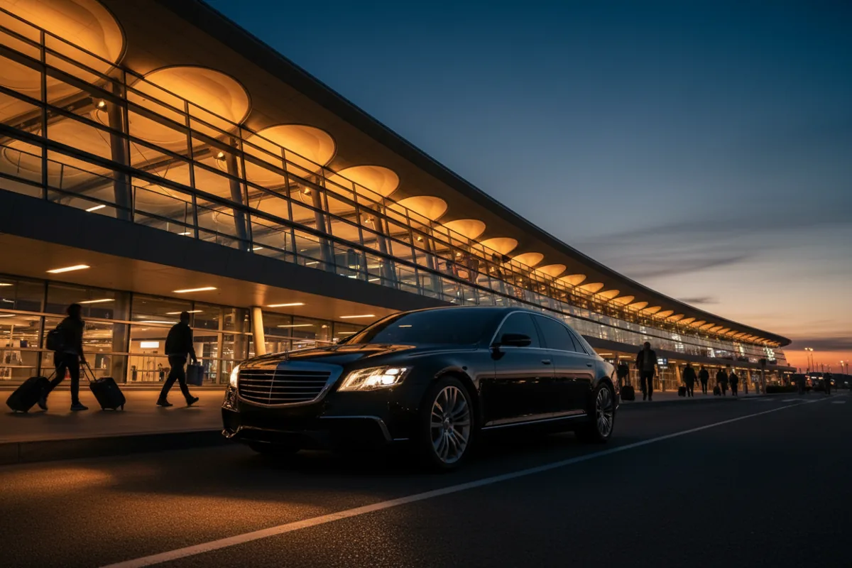 A luxury car arriving at an airport terminal curb at night.
