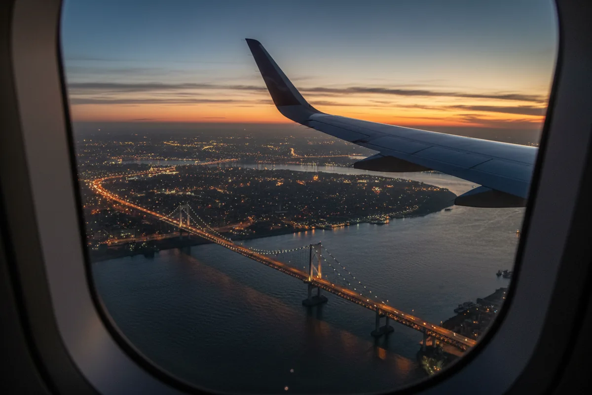 View of a city skyline and bridge from an airplane window at twilight.