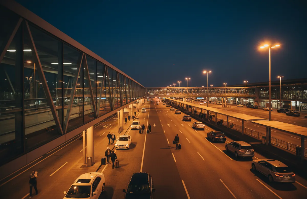 An elevated view of an airport's passenger pickup area at night, illuminated by warm lights.