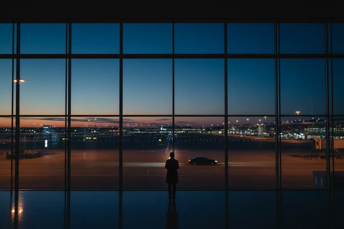 A person looks at their phone inside an airport terminal, with car lights visible outside at dusk.