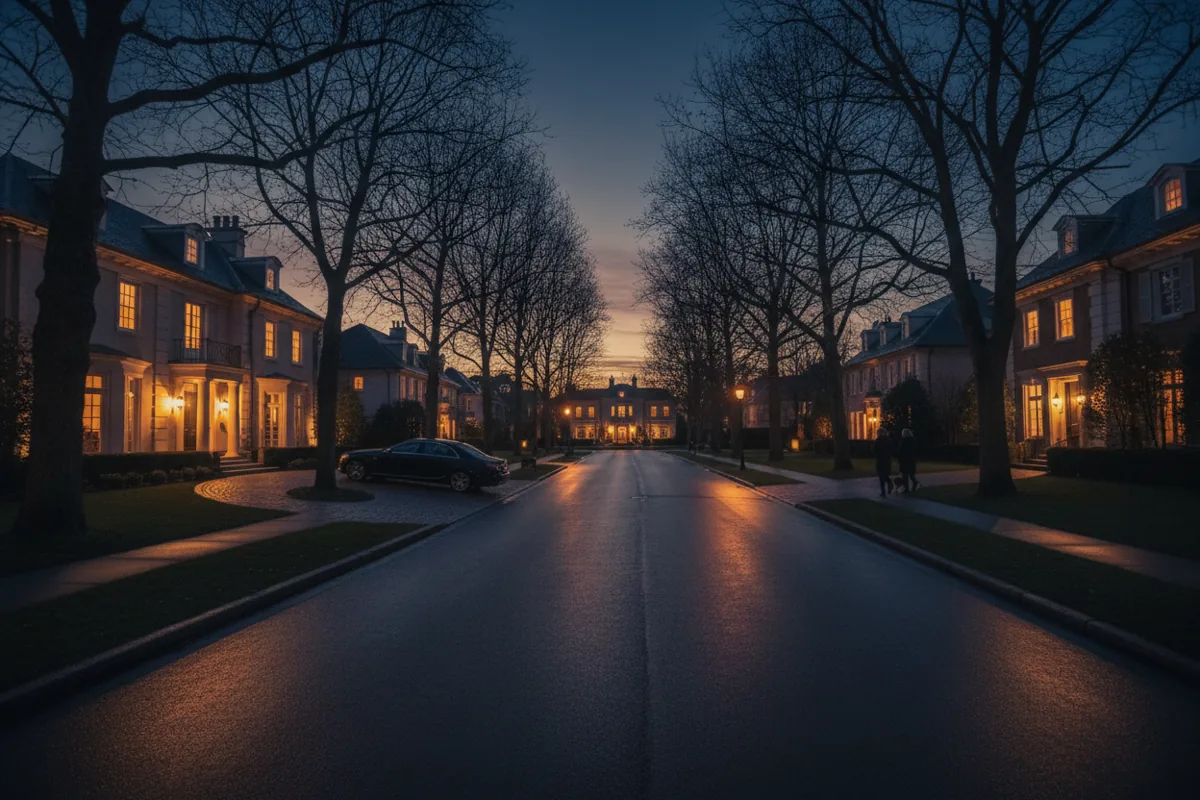 An upscale suburban street at dusk, with warm light glowing from the windows of large houses.