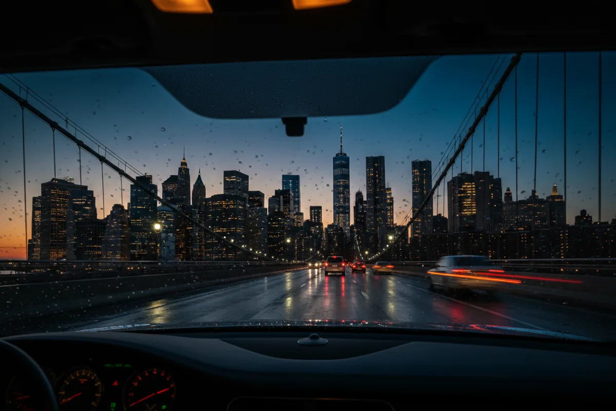 The glowing Manhattan skyline at night, viewed from inside a car driving over a bridge toward the city.