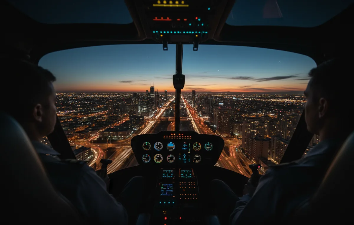 View from a helicopter cockpit flying over a city with heavy traffic at dusk.
