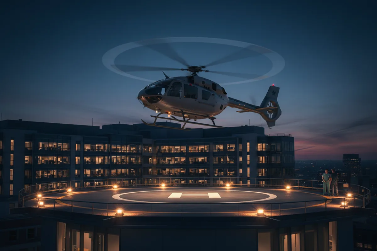 A helicopter with rotors spinning on a hospital rooftop helipad at blue hour.