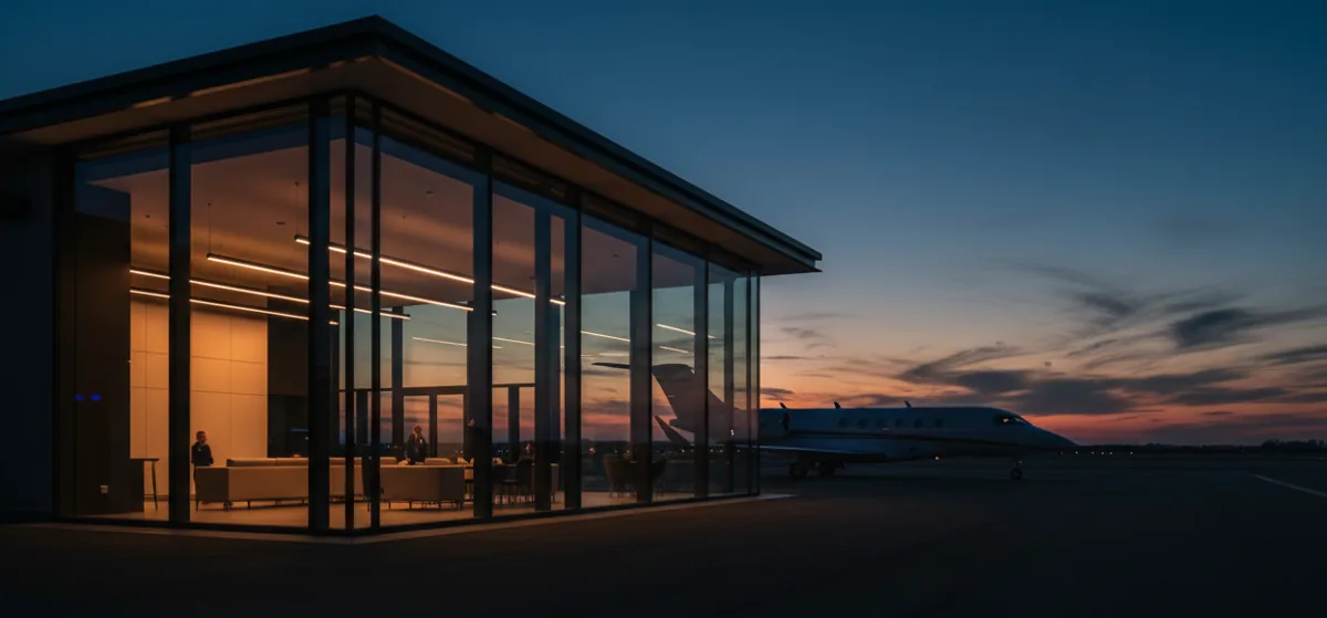 A modern private airport terminal with a jet visible on the tarmac at twilight.