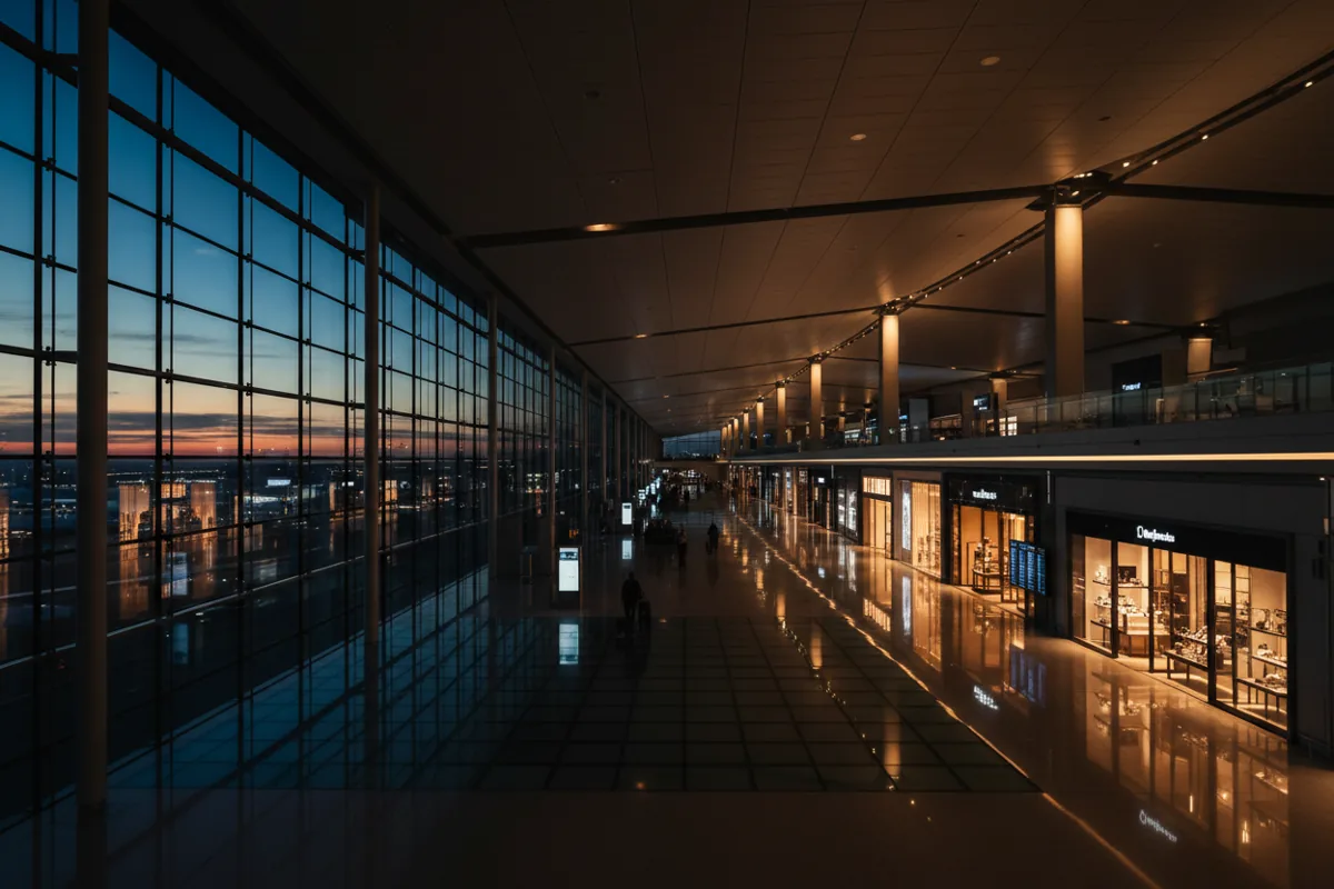 The spacious, modern interior of an airport terminal concourse at dusk.
