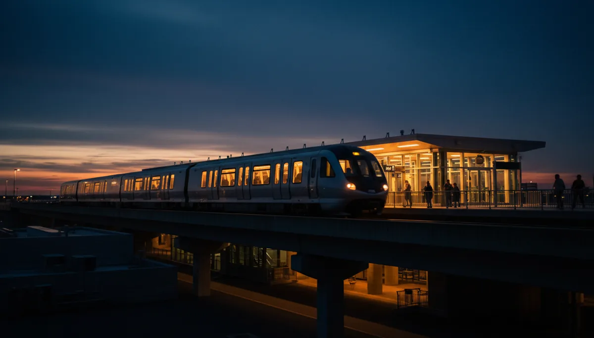 An elevated train arriving at a modern airport terminal station at night.