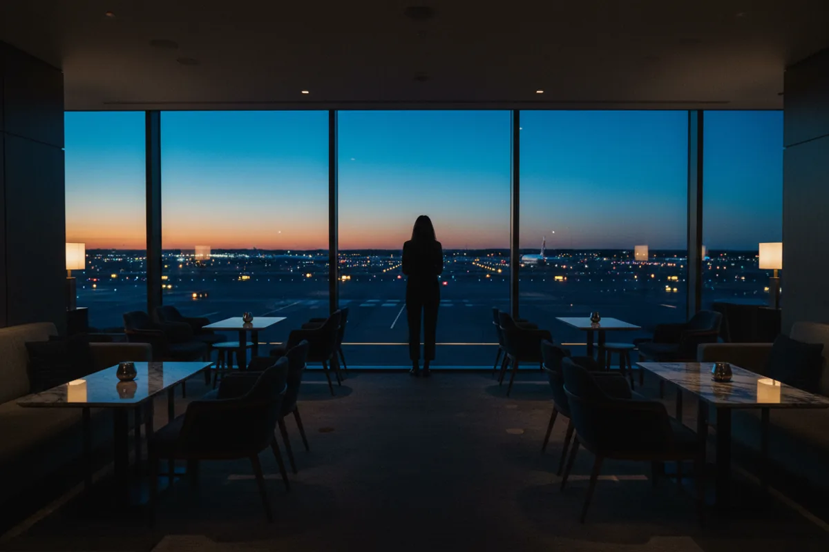 A quiet, luxurious airport lounge with a view of the airfield at night.