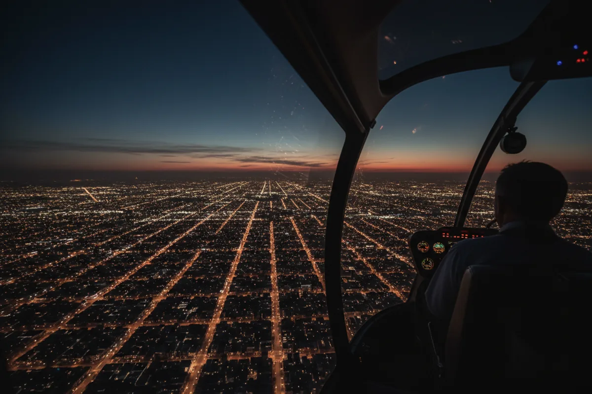 View of glowing city lights at dusk from inside a helicopter.