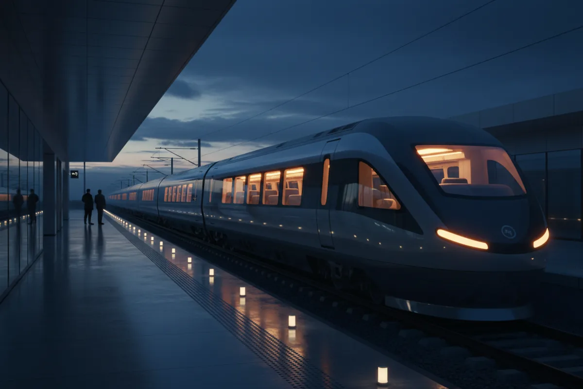 A modern train pulls into an outdoor station at dusk.