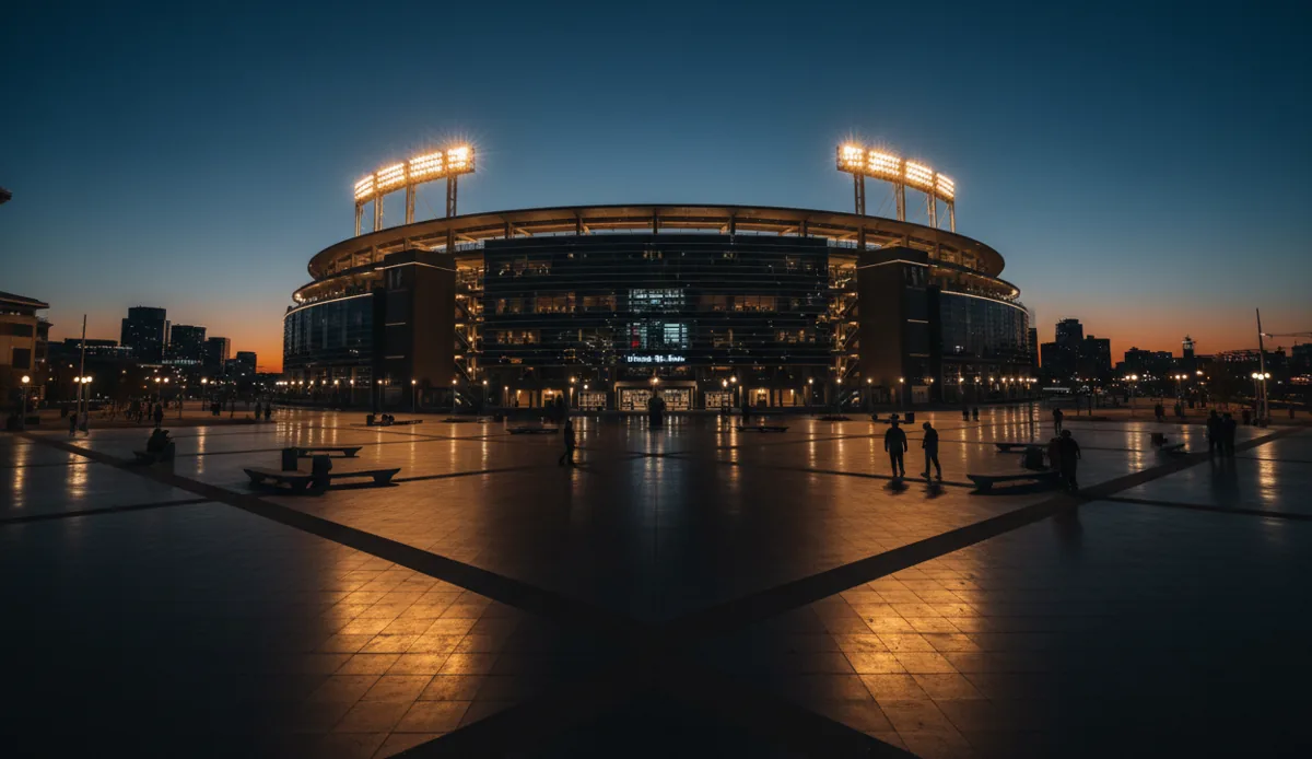 A modern baseball stadium lit up at dusk.